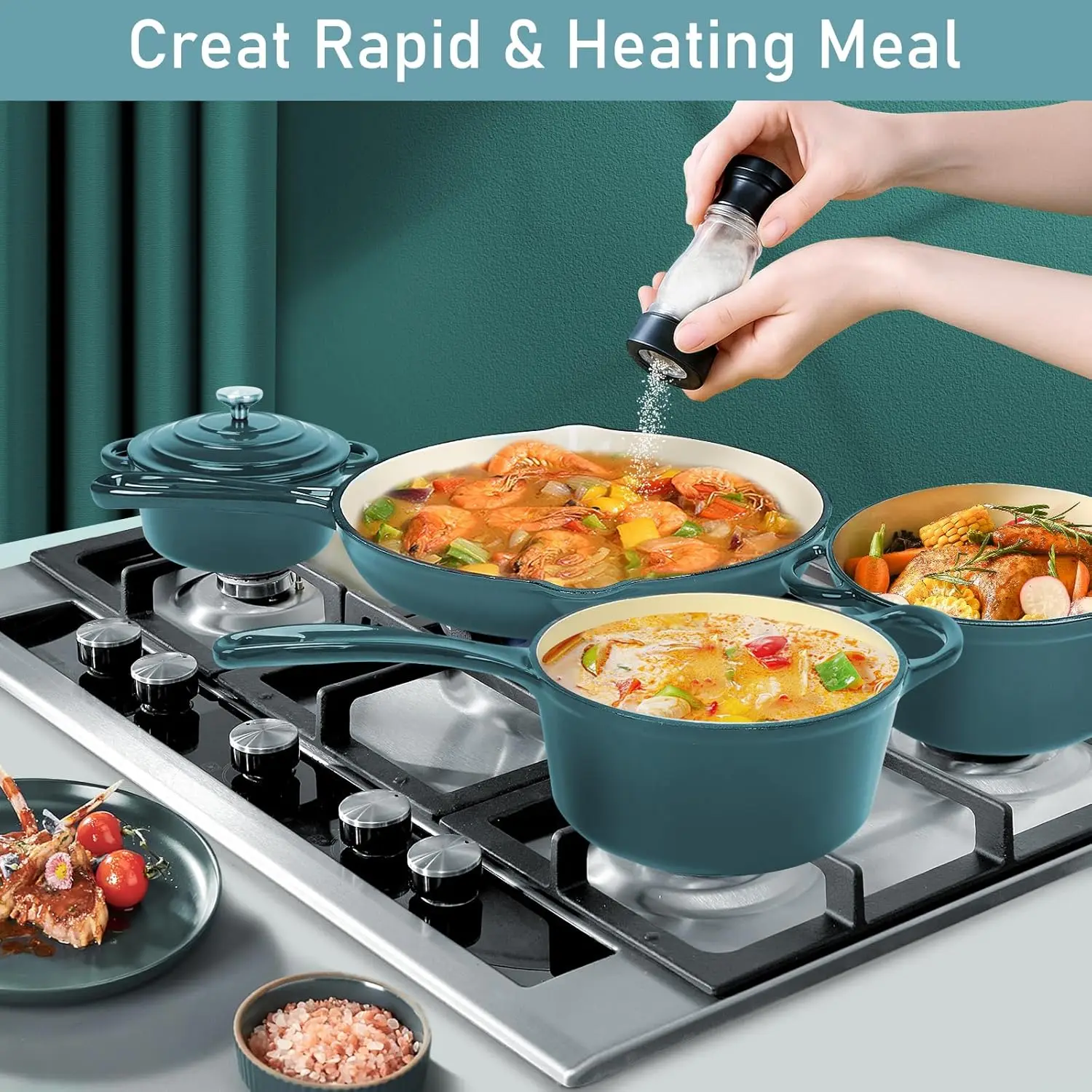 Enameled Cast Iron Dutch Oven- 9 Pieces Nonstick Cookware for Braising, Stews, Roasting, Bread Baking, Cooking Pot Oven Safe & C