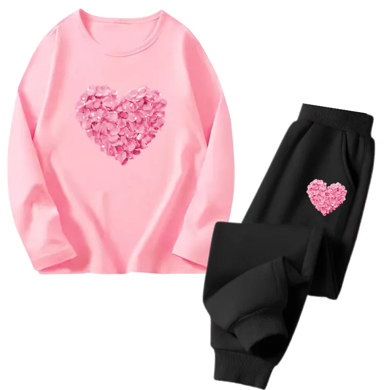 Girls flower heart Print Clothes Set Kids Cotton Long Sleeved T-shirt Top+Sweatpants Outfit Girls Spring Fashion Tracksuits