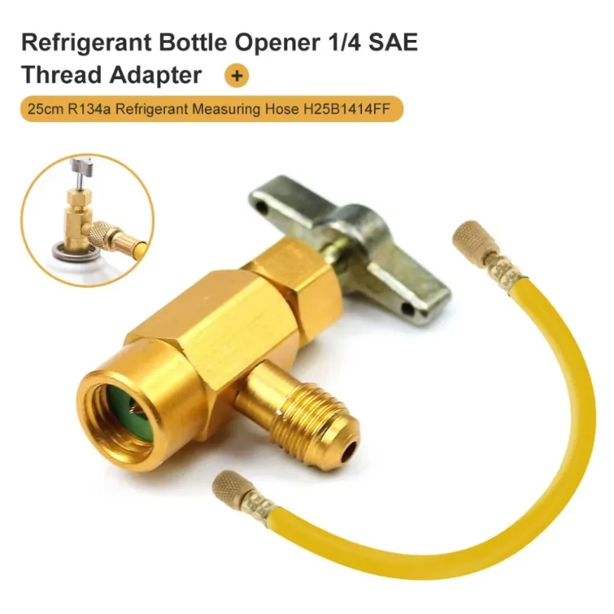 Refrigerant Bottle Opener 1/4 SAE Thread Adapter R-134a Opener Valve Tool Refueling Conditioning Tool Refrigerant Measuring Hose