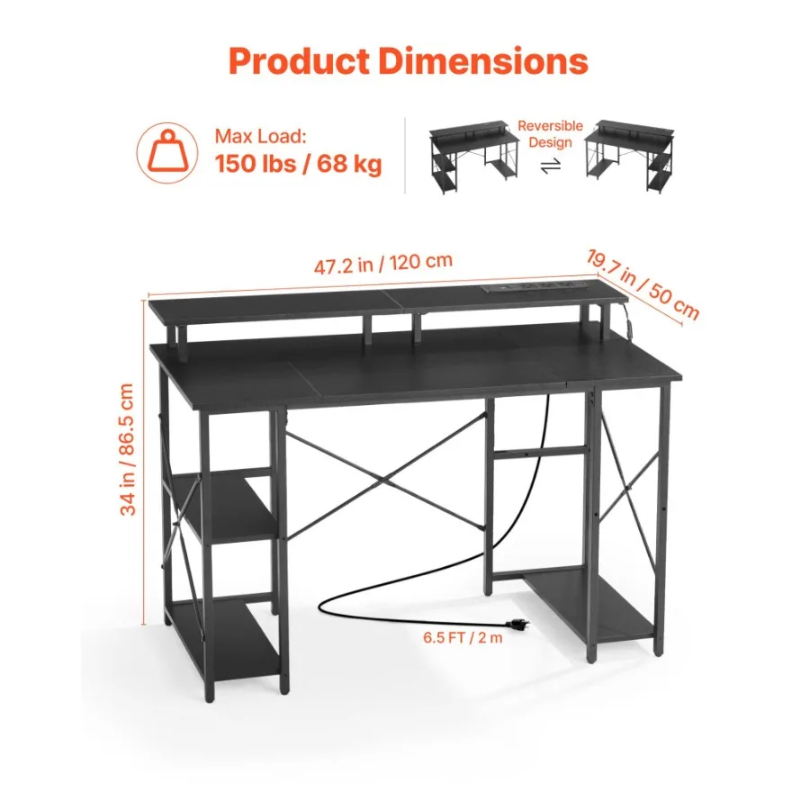 مكتب ألعاب VEVOR مقاس 47 بوصة مزود بمصابيح LED ومنافذ طاقة ومكتب كمبيوتر مع حامل شاشة وتخزين من طبقتين أعمال الدراسة f #3