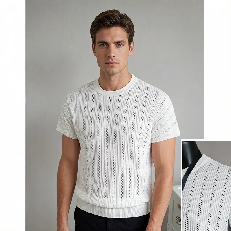 Old Money Style Men's T-Shirt, See-Through Raglan Sleeves & Round Neck, Ice Silk Knit for Cool Feeling