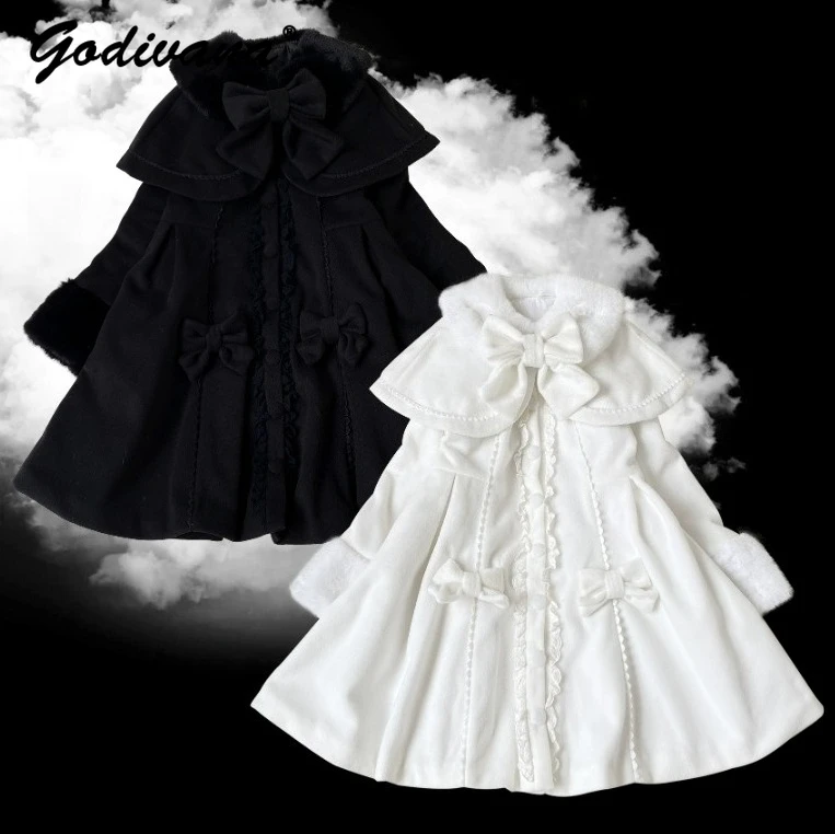 เสื้อคลุมขนสัตว์แบบถอดได้สำหรับผู้หญิงและเด็กผู้หญิง สไตล์หวาน ประดับโบว์ ทรงเข้ารูป กระดุมแถวเดียว สไตล์โลลิต้า สำหรับฤดูใบไม้ร่วงและฤดูหนาว