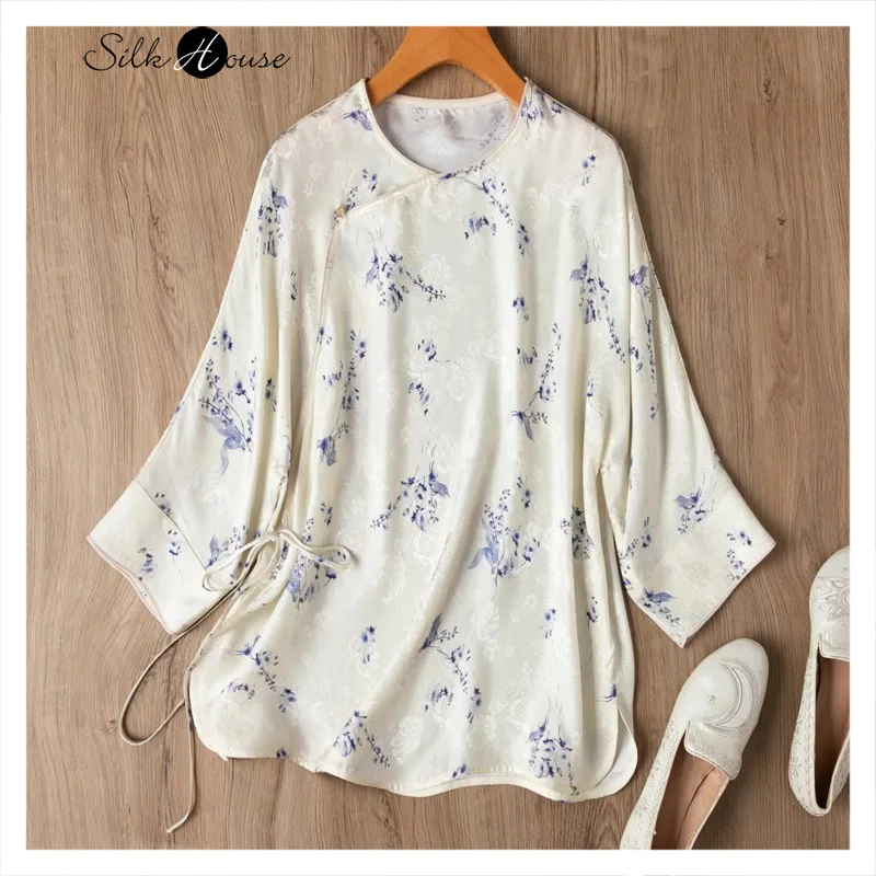 Classical Blue and White Porcelain Printing New Chinese 100% Natural Mulberry Silk Jacquard Plain Satin Round Neck Women's Shirt