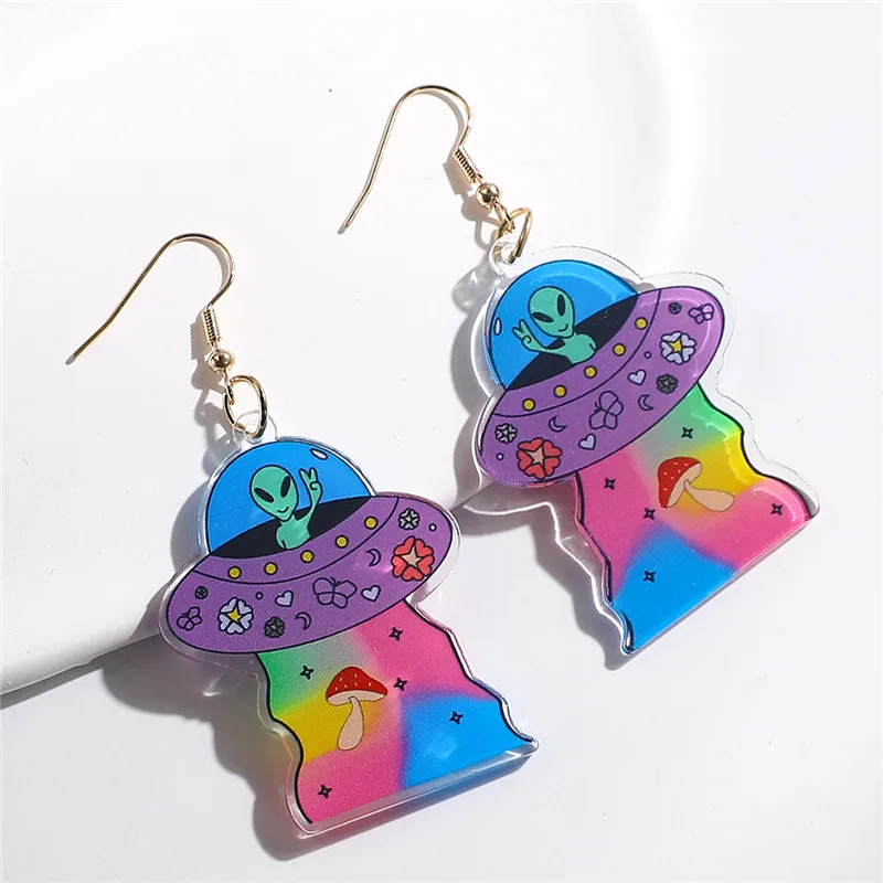 Creative Cartoon Spaceship Alien Acrylic Earrings For Women Cute Cat Pizza Red Mouth Ear Pendant Trendy Charm Jewelry Gift