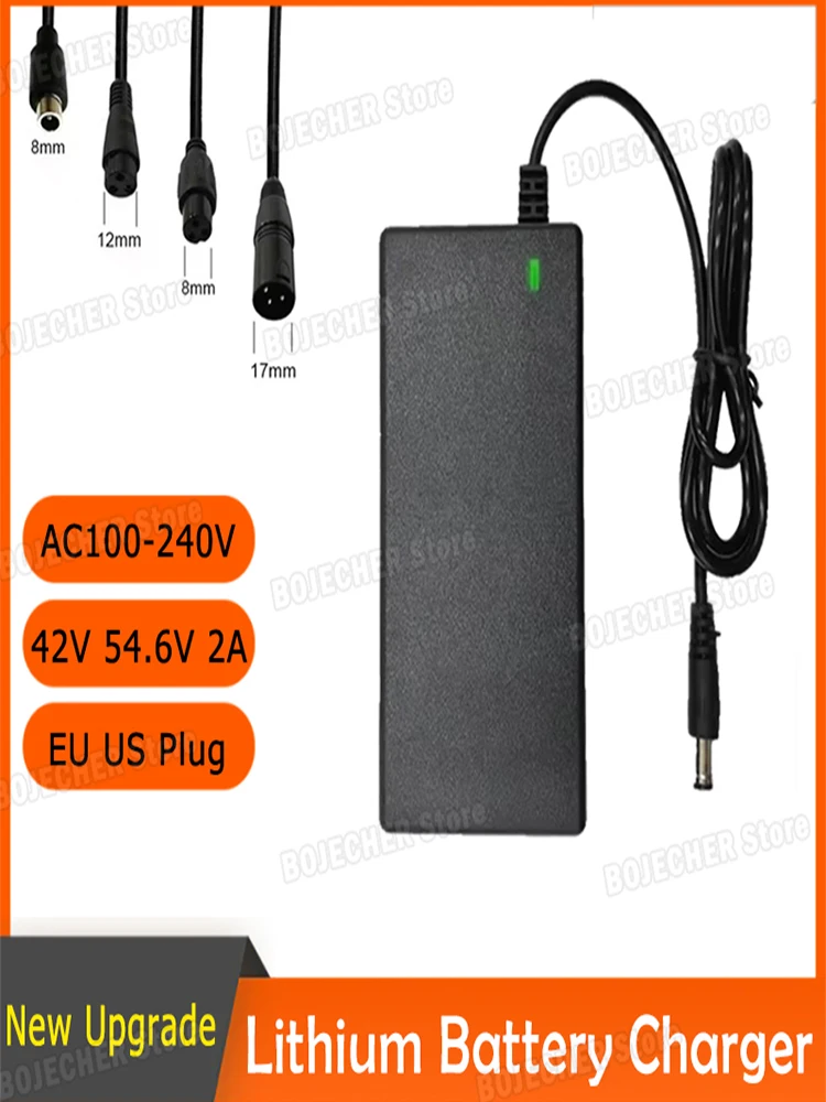 Ładowarka do akumulatorów litowych 42V 54.6V 2A AC100-240V, adaptery zasilania 36V 48V 2A do pakietów akumulatorów litowych, 5 wtyczek EU / US — 2