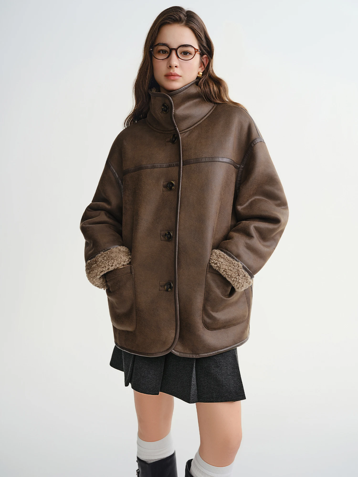 DUSHU Plus Size Brown Fur Jacket Stright Design Loose Fit Warm Reversible Vintage American Style 2025 Winter New Style Leisure