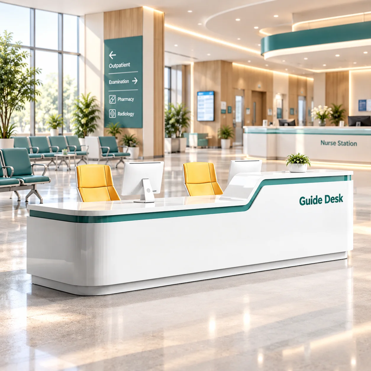 Hospital Outpatient Guidance Desk Modern White Long Reception Counter with Rounded Corners Green Trim and High Low Worktop