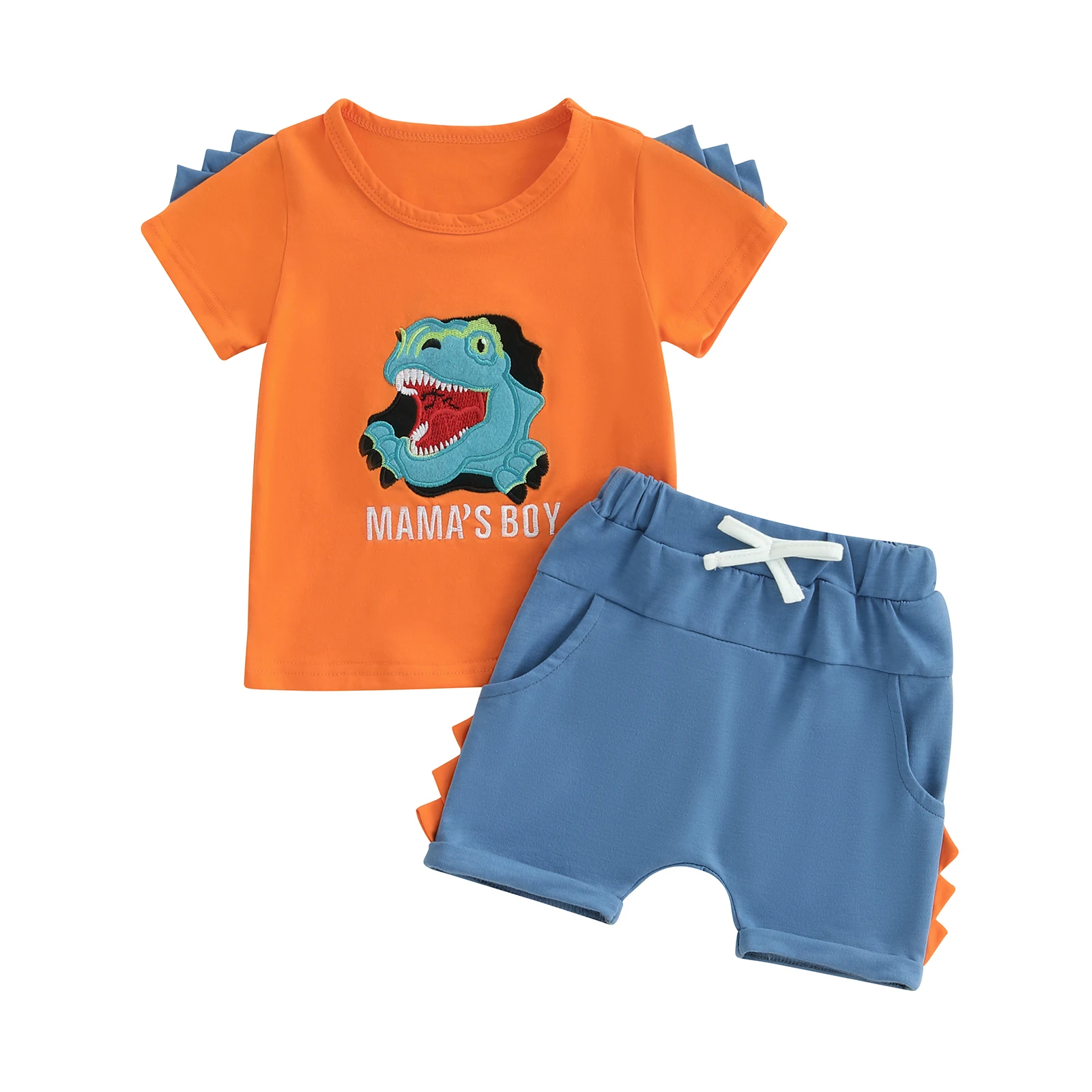

Toddler Kids Boys Summer Cotton Shorts Sets Short Sleeve O Neck Letter Dinosaur Embroidery Tops and Solid Color Shorts Sets