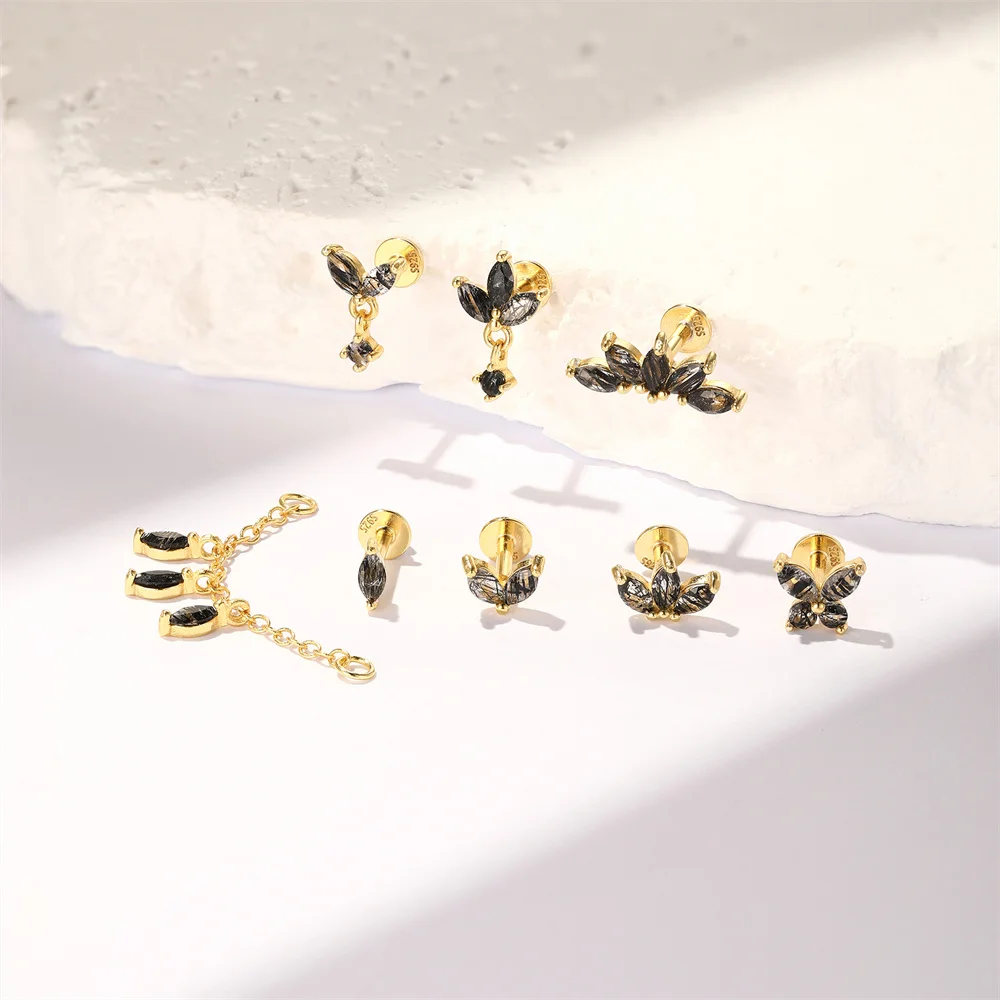 CANNER 1PC Natural Black Hair Quartz 925 Sterling Silver Horse Eye Flat Head Thread Puncture Earring Flower Piercing Earring