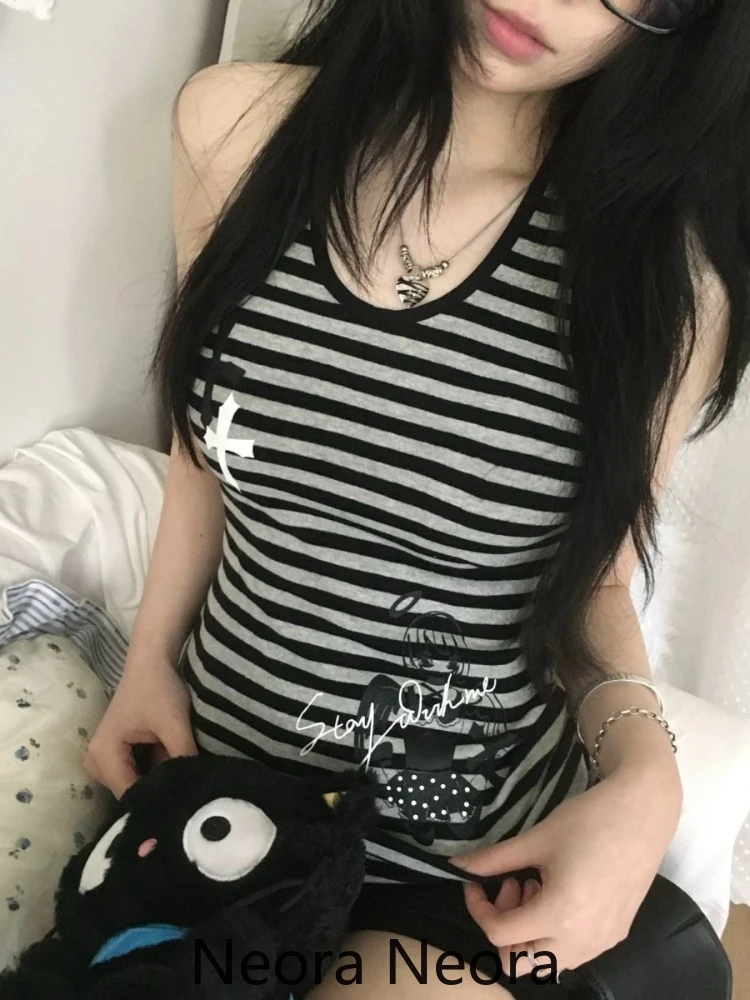 ثقافة فرعية القوطية مخطط مائل الرقبة القمم المرأة خمر Y2k قبالة الكتف الساخن فتاة سترة الإناث الصيف شيك سليم الرجعية وتتسابق جديد