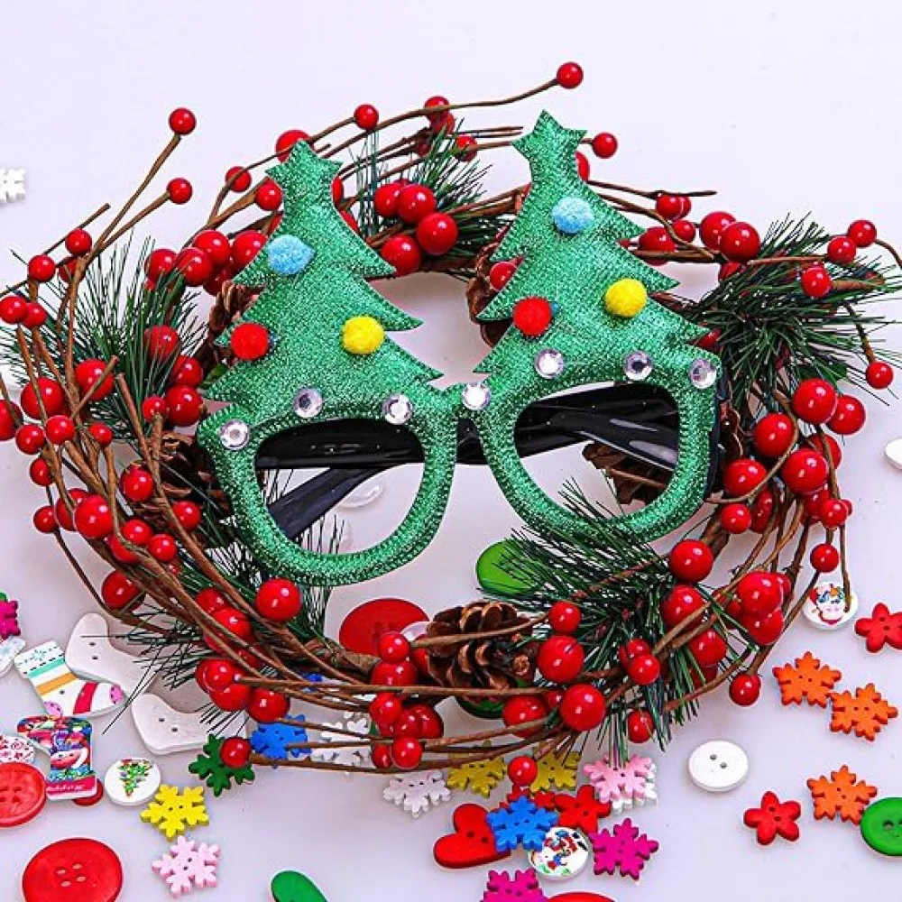 1 Pack Kids Christmas Costume Glasses Frame, Glitter Xmas Reindeer Santa Snowman Party Eyeglasses, Holiday Photo Prop Favor Toy for Kindergarten Classroom Rewards Birthday Goodie Bags
