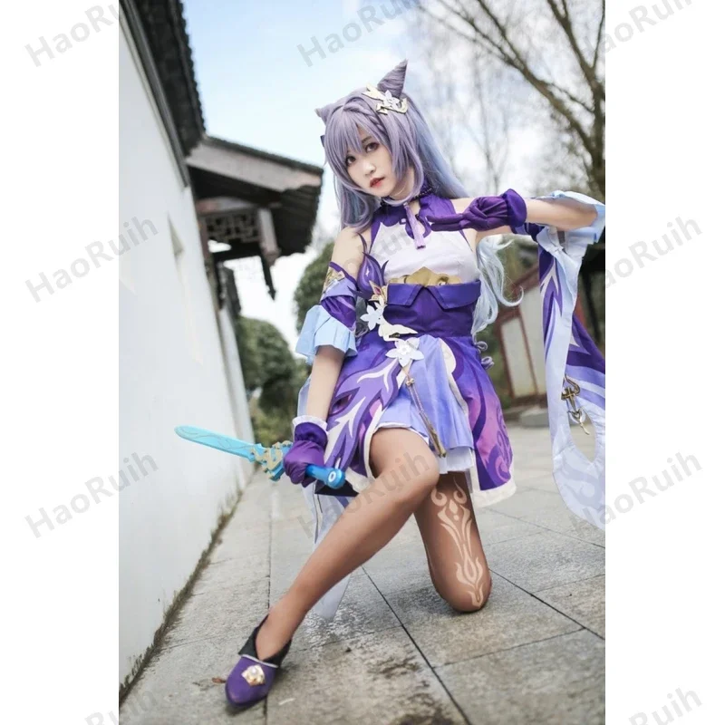 Game Genshin Impact Keqing Cosplay Costumes Genshin Ke Qing Impact Halloween Keqing Ponytails Mixed Purple Cosplay Wig