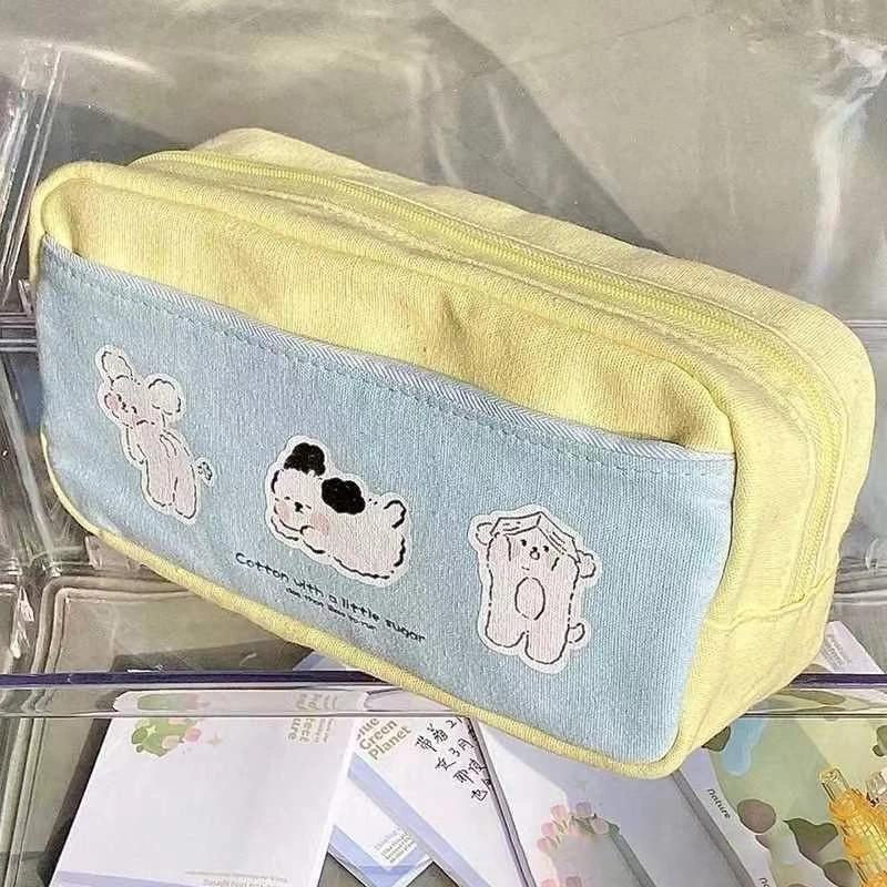Ins Cute Cream Yellow Blue Cartoon Three Puppy Pencil Case Large Capacity Stationery Storage Bag Back To School Supplies