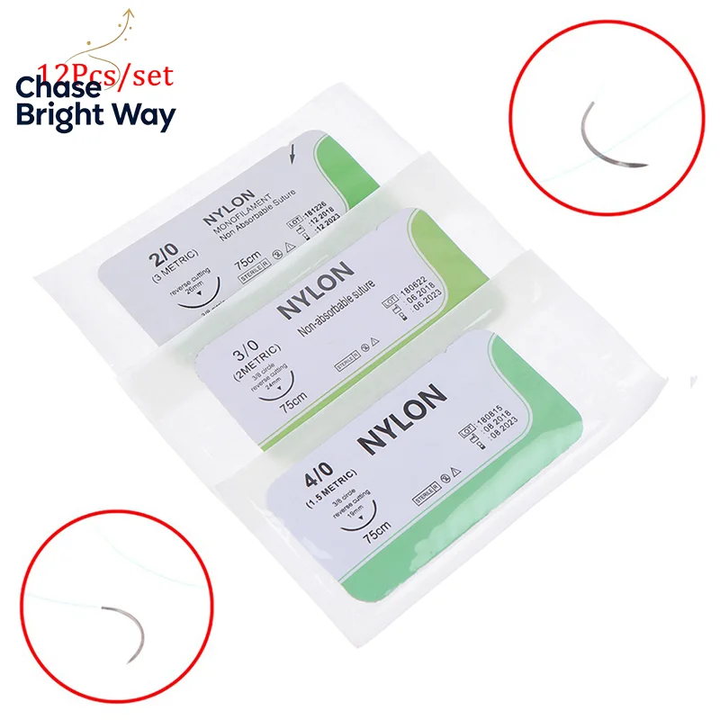 Sterile Nylon Suture 2.0 3.0 4.0 12PCS Needle Surgical Thread for Medical Student Hands On Practice Kits