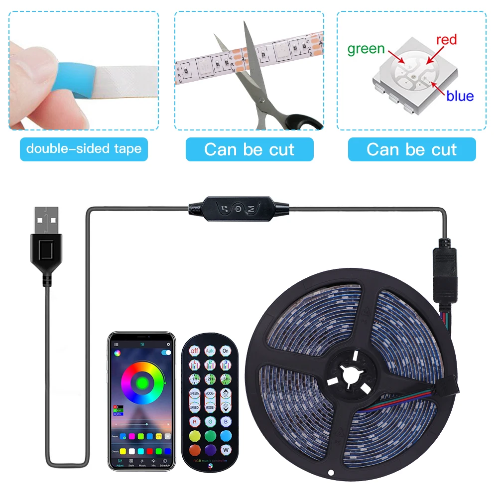 5V USB Bluetooth RGB LED Strip Light 5050 30LEDs/M 24Keys Remote Control Kit Ribbon Tape Flex Linear Lighting TV Decor 0.5m 5m