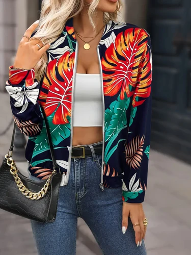 Imagen 2 del producto Chaqueta bomber con cremallera para mujer, estampado de hojas tropicales vibrantes, informal de moda y ideal para capas
