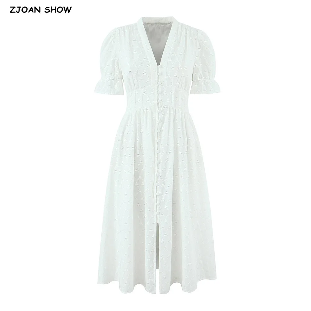 

Праздничное белое хлопковое платье с вышивкой и вырезами, с коротким рукавом, V-образным вырезом, на пуговицах спереди, с зауженной талией, А-силуэт, длинное, женское