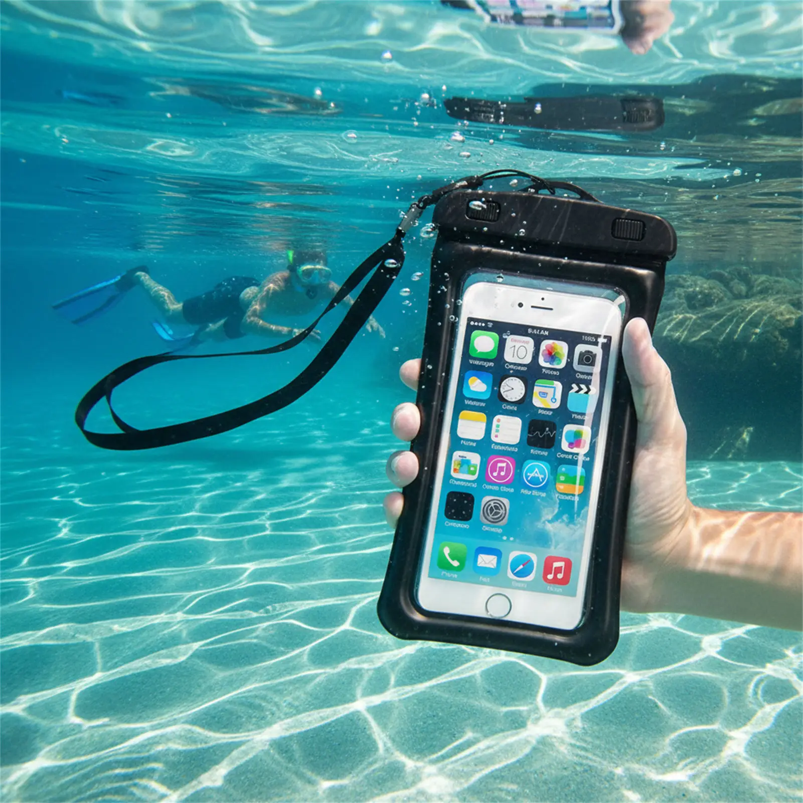 Blue Black Waterproof Phone Bag Transparent PVC Touch Screen Phone Organizer Swimming Snorkeling Beach Use for Men Women view 2