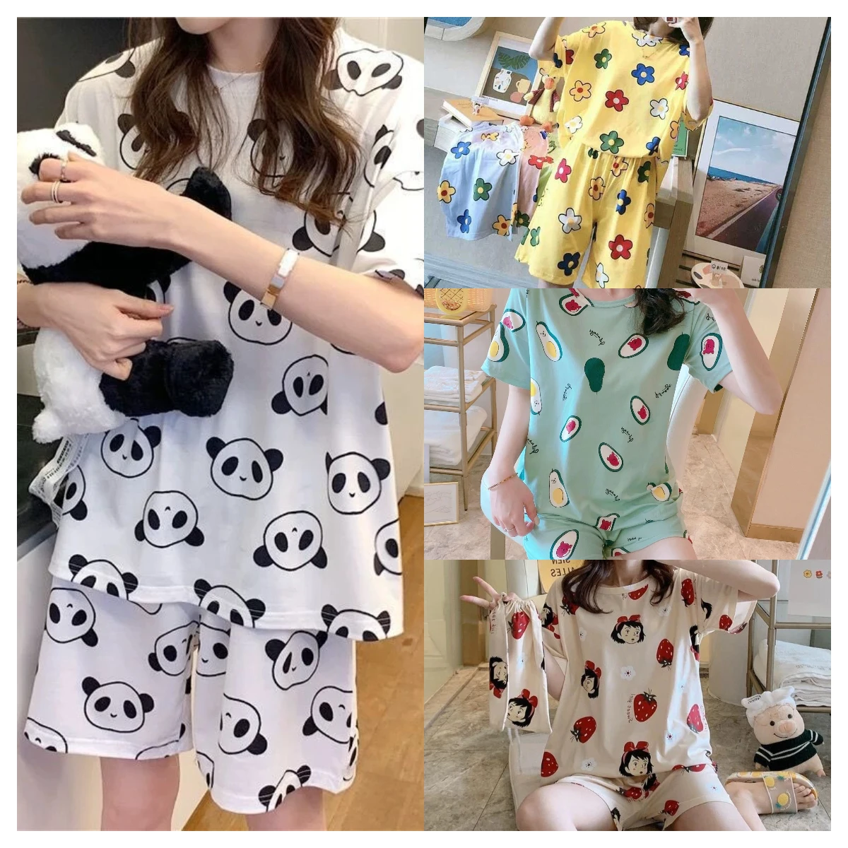 2 Piece Pajama Set Women\'s Shorts Short Sleeve Set Round Neck Pajamas Women\'s Printed Homewear Homewear Clothes Student Pajamas