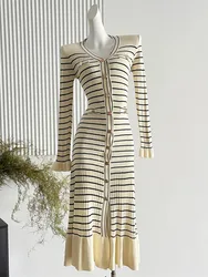 Autumn Chic Fashion Knitted Long Dress For Women Elegant V-neck Stripes Single-breasted Ruffled Sweater Dress Party Robe Femme