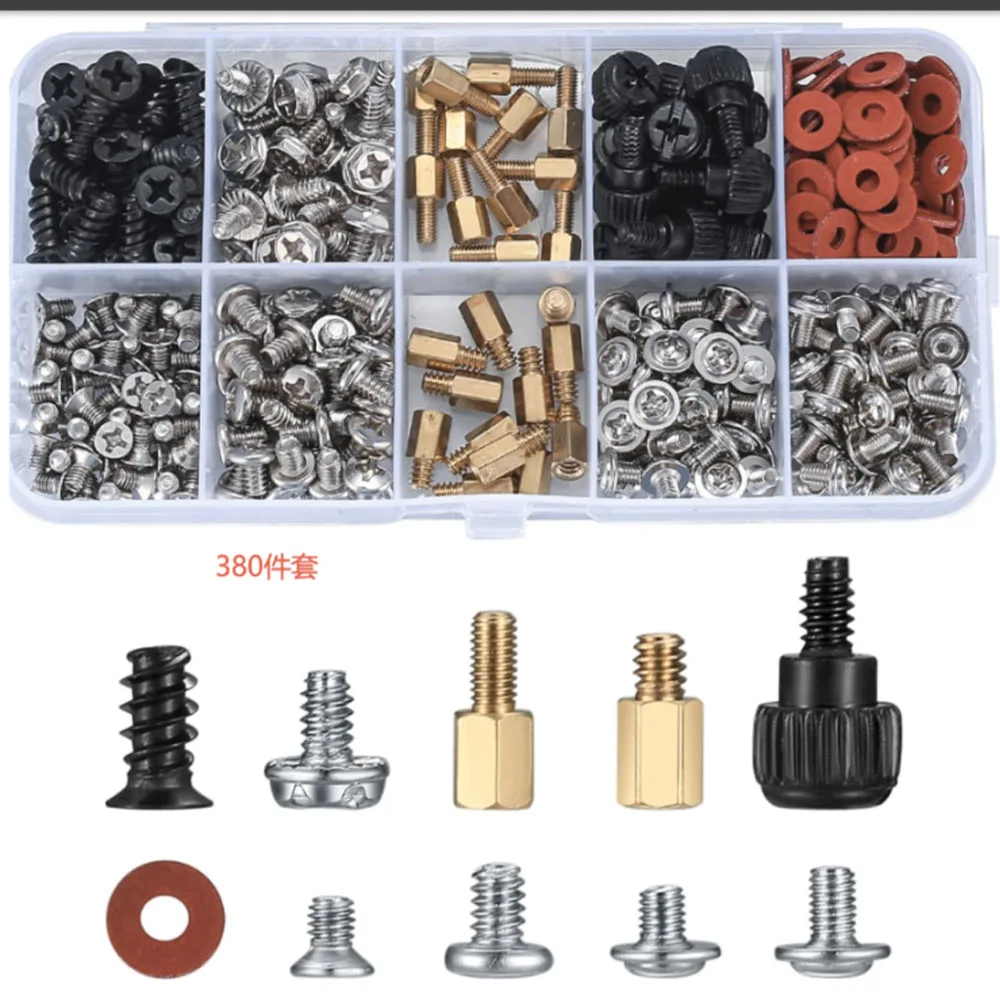 380PCS Hard Disk DIY Motherboard PC Personal Computer Assemble Case Fan Hand Screw Bolt Standoff Washer Set Assortment Kit