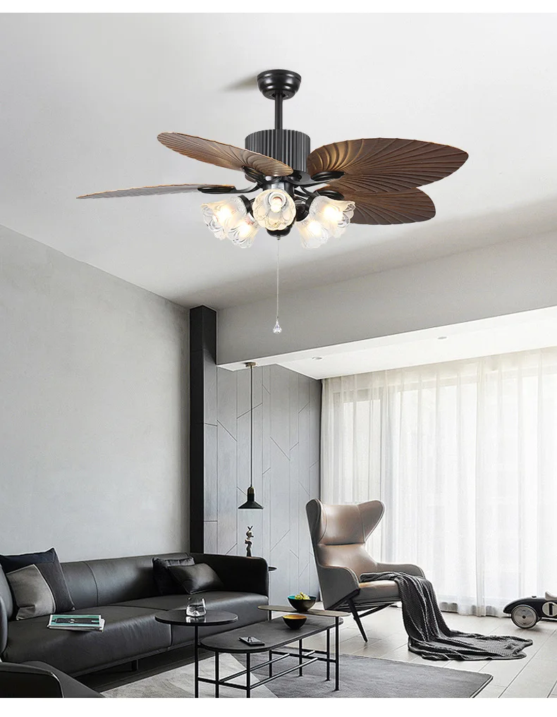 American Electric Ceiling Fan Lamp European Retro Style with LED Light Remote Control for Dining Room Living Room DC Reversible