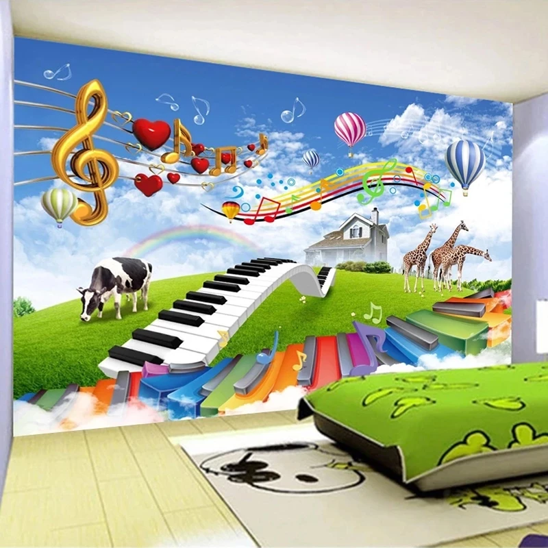 Customized Mural Blue Sky White Cloud Music Giraffe Cow Pasture Nature Landscape Children Room Wallpaper Bedroom Living room 8d