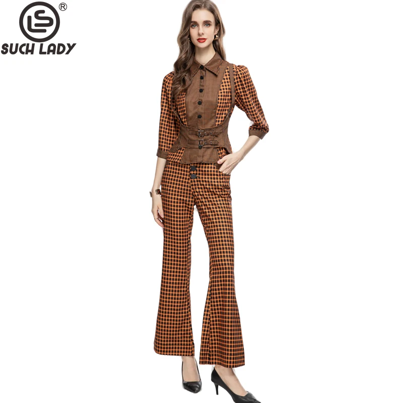 

Women's Two Piece Pants Sets Turn Down Collar 3/4 Sleeves Printed Plaid Shirt with Flare Leg Pant Fashion Twinset Sets