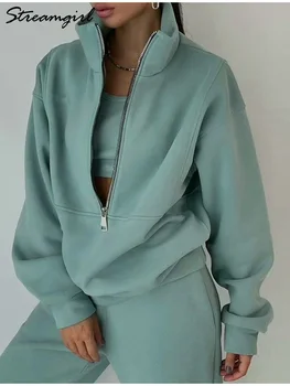 グレー暖かいフリーススーツ女性のための冬の厚いベルベットパンツセットスウェットパンツトレーナーレディース Warrn トラックスーツ女性 2 点セット