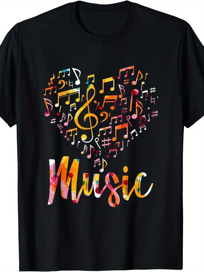 Music-Themed Men's T-Shirt Treble Clef Notes Print Violin Trumpet Piano Keys Music Note Design Black Shirt For Musicians Gift