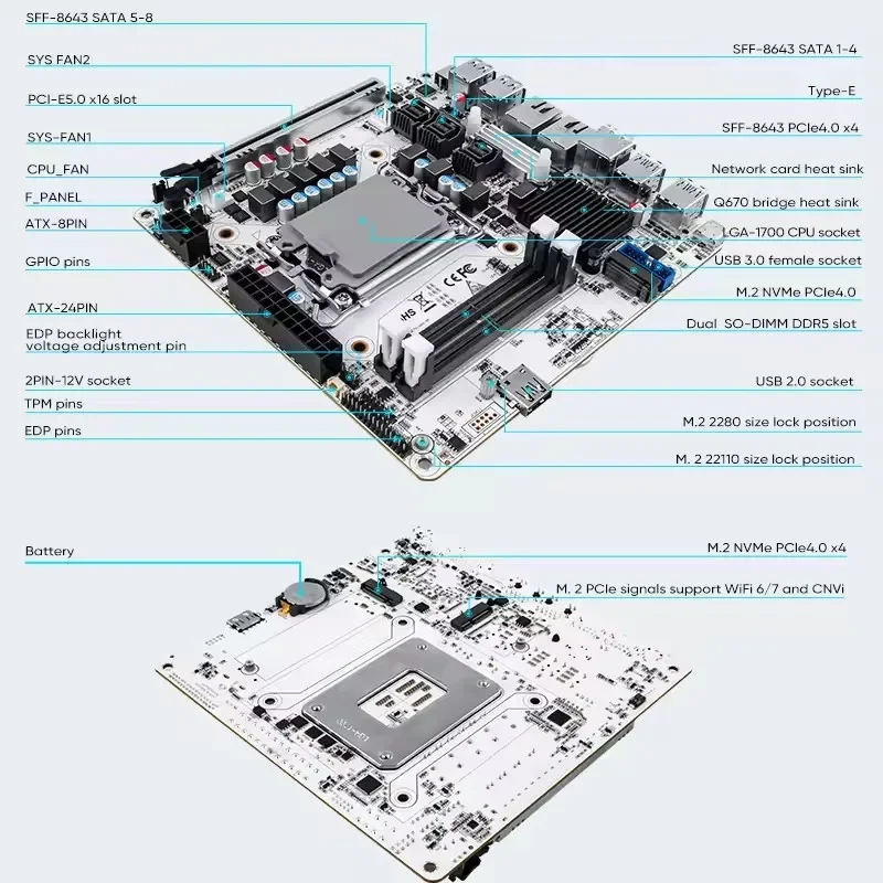 Scheda madre NAS Q670 Scheda madre firewall ITX Intel 12/13/14a generazione LGA1700 2 * DDR5 2 * 2.5G LAN 1 * PCIE5.0x16 Max 8 * SATA 6 * M.2 NVMe