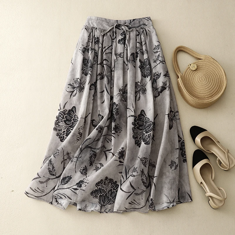 

6617 Summer Fashion Women's Vintage Flower Plant Printing Loose Casual Dress Lady Drawstring A-line Retro Elegance Leisure Skirt