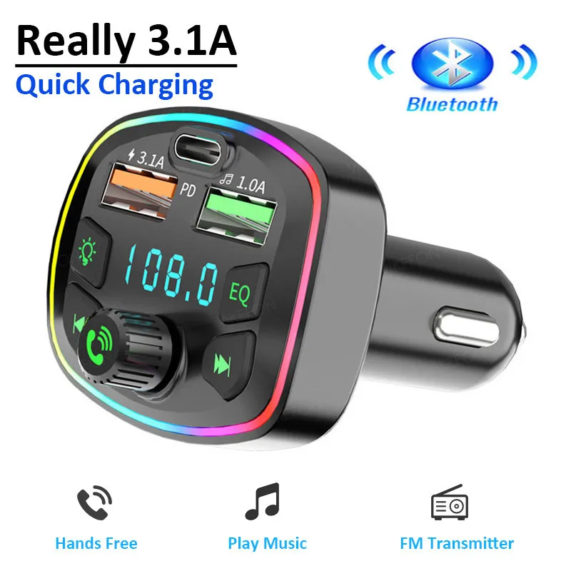 FM Transmitters Cigarette Lighter Adapter PD Fast Charging Dock Hand Free MP3 Player with Screen Display 3.1A USB Rapid Chargers
