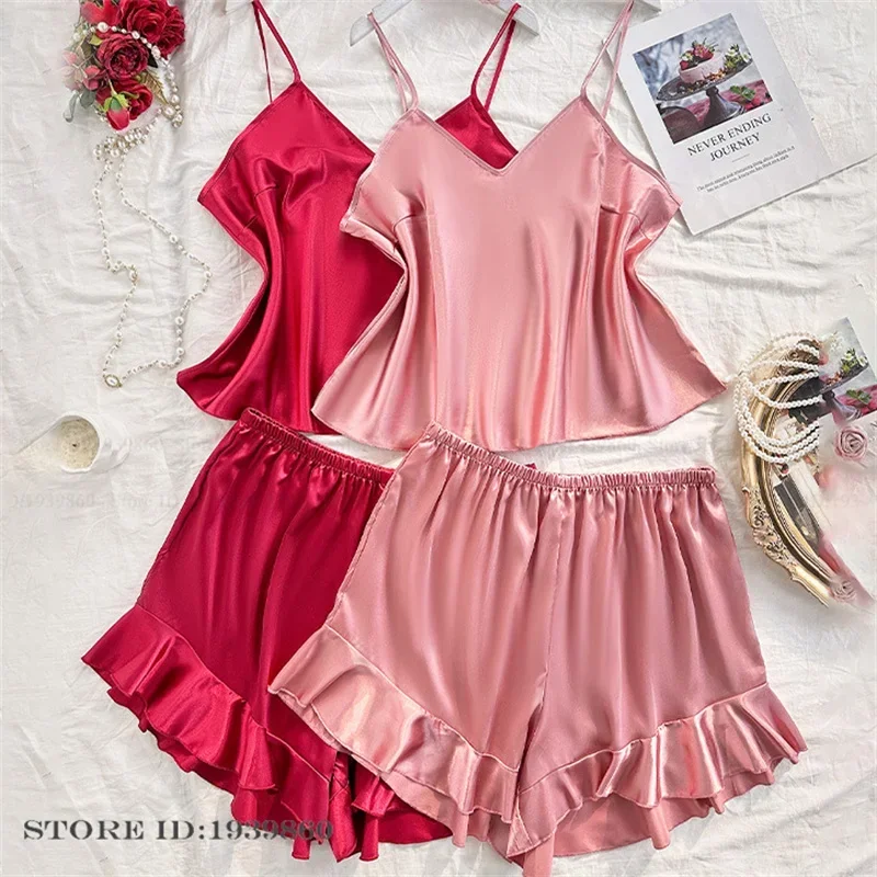 

Сексуальная майка и шорты на бретельках, ночная рубашка, новый летний женский пижамный комплект на подтяжках, одежда для дома, нижнее белье, шелковистая атласная одежда для сна, домашняя одежда
