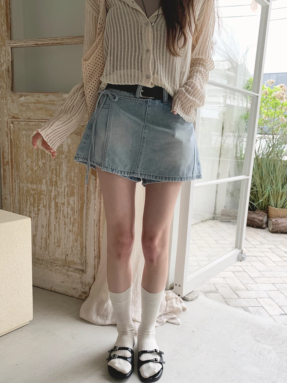 

Retro Waed Side-Tie Denim orts Women's Sweet Prevent Exposure Skirt Trendy Summer l Waist Light Blue Jeans