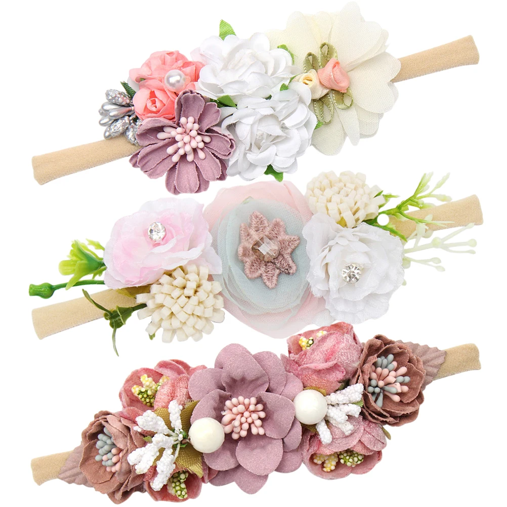 

LALAFINA 3pcs Soft Stretchy Headband for Girls Floral Hair Bows Fabric Bun Ties Infant Hair Accessories Toddler Band