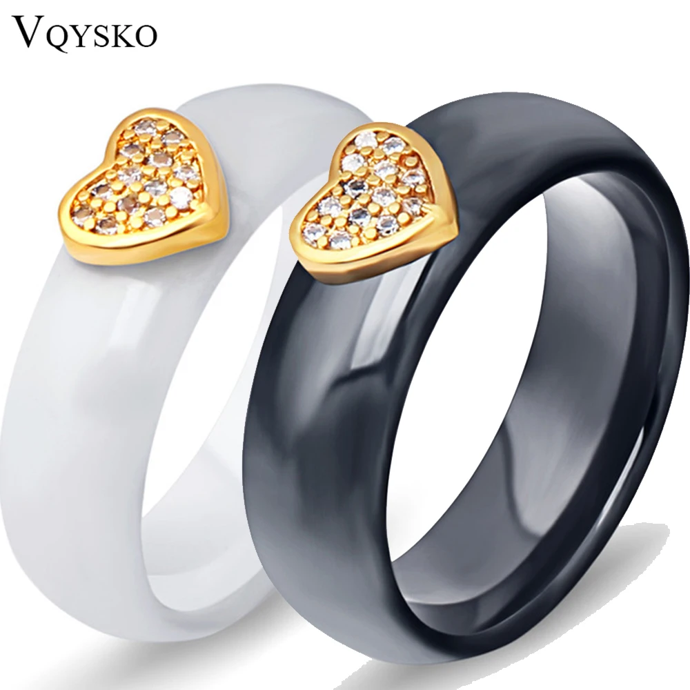 VQYSKOFashion Heart White Black Ceramic Ring With CZ Zircon Wholesale Jewelry Women\'s Engagement Promise Wedding Rings For Party