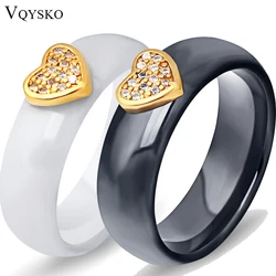 VQYSKOFashion Heart White Black Ceramic Ring With CZ Zircon Wholesale Jewelry Women's Engagement Promise Wedding Rings For Party