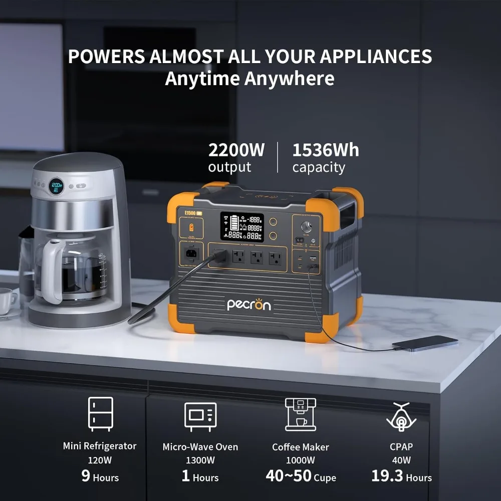 Portable Power Station 1536Wh Solar Generator 2200W AC Output LiFePO4 Battery Backup Fast Charging for Home RV Outdoor Camping
