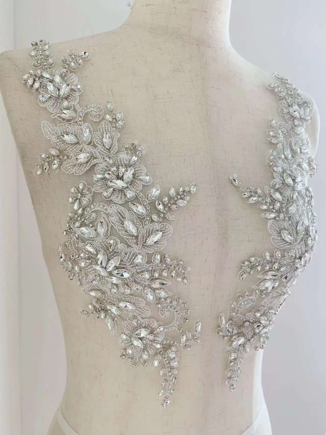 Silver Crystal Bead Florals Applique Luxurious Rhinestone Patch for Dance Costume,Dress Decor,Couture,Corset,Wedding Supplies