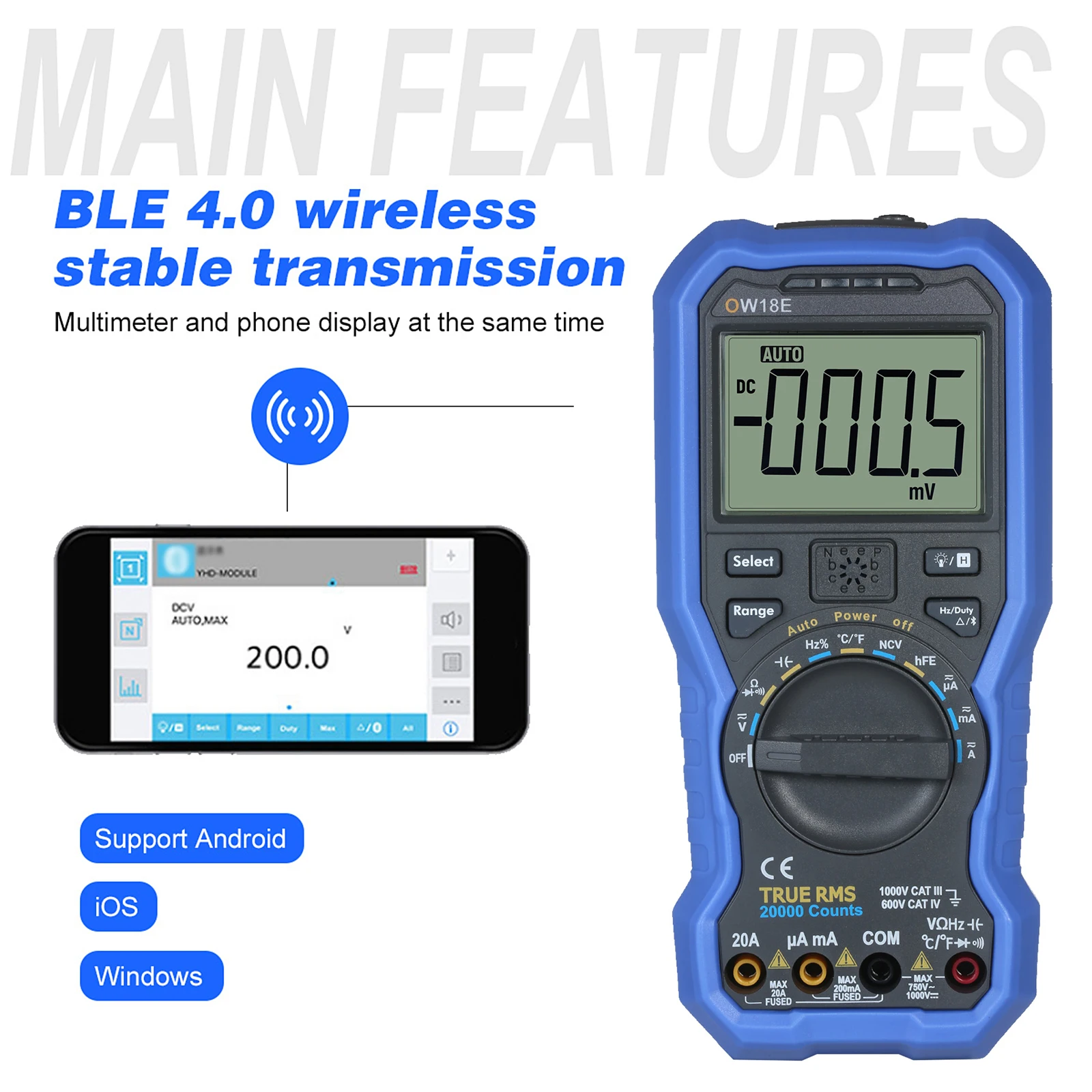 

OWON OW18E 4 1/2 Digits Handheld Digital Multimeter True RMS Digital High Accuracy LCD Multimeter with Wireless Connection Data