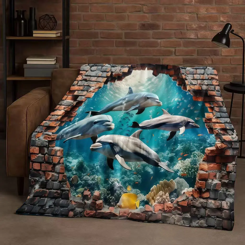 New 3D Illusion Underwater World Breaking Wall Flannel Blanket,Ultra Soft Warm Plush Throw for Home Bedroom Bed Sofa Cover Gift