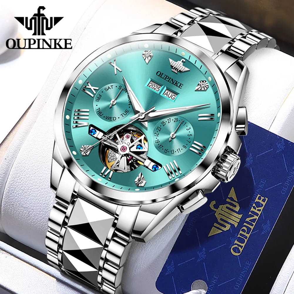 

OUPINKE 3240 High end Mechanical Watches for Men 44MM Big Dial Tungsten steel Band Dual Calendar Display Luxury Man Wristwatch