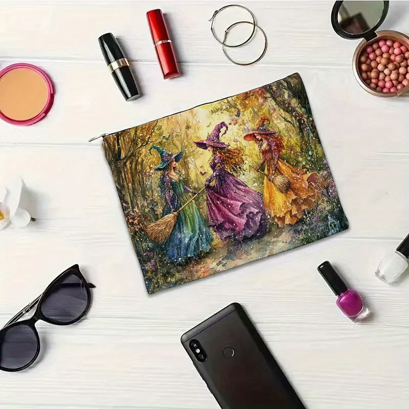 Retro Witch Resin Makeup Bag with Vibrant Autumn Forest Design, Secure Zipper Closure, Multi-Functional Travel bag