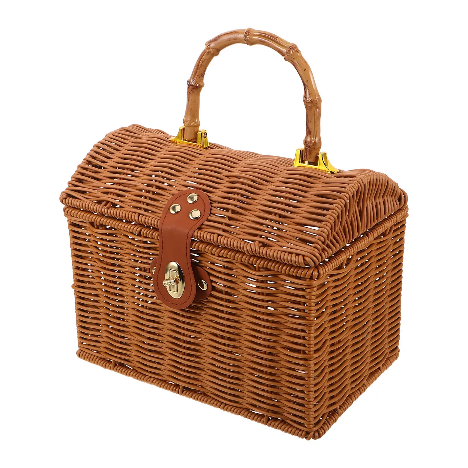 

Imitation Rattan Mahjong Storage Box Portable Case Retro Woven Basket with Handle Lock Lid Decorative Lidded Picnic Basket