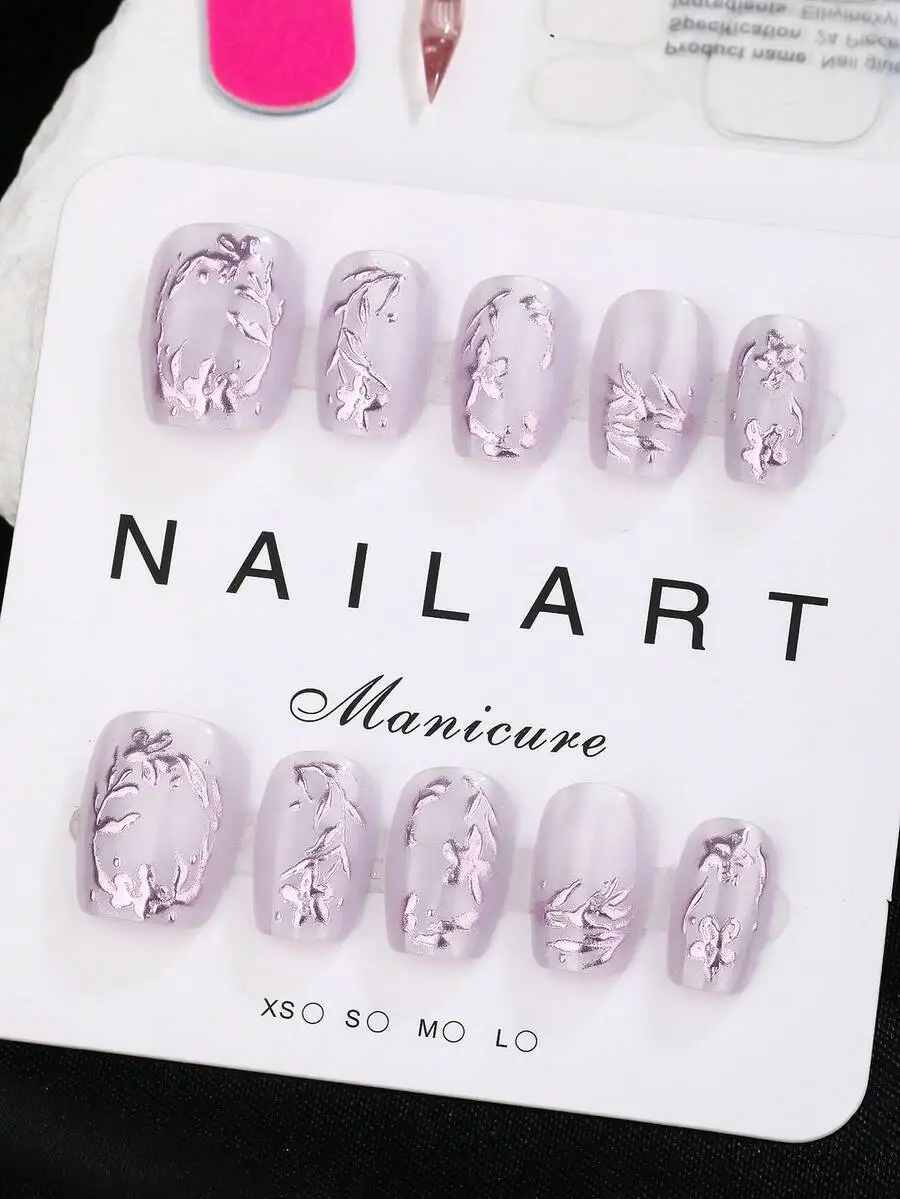 10pcs/Pack, Light Purple, Short Trapezoid, Press-On Nails, New Year Nail Art, Valentine's Day Nail Art, Beauty, Fragrance Style,