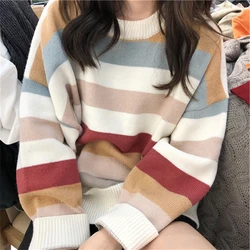 Multicolor Striped Pullovers Women Long Sleeve Crew Neck Rainbow Knitted Sweater Cozy Jumper Fall Winter Ladies Casual Outfit