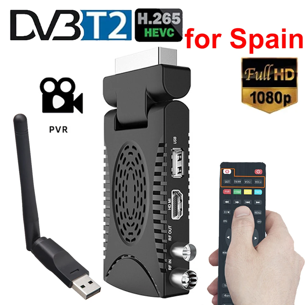 Minireceptor de Televisión Digital Terrestre HD con WiFi integrado, decodificador DVB-T2 con H.265, TDT, H.265, HEVC 265, 1080p, HD, para España y