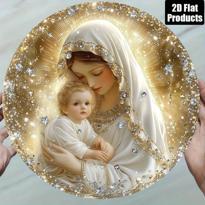 2D شقة، 1PC مريم العذراء والشباب موضوع جولة الألومنيوم علامة الديكور الفن، ديكور خمر، عالية الوضوح 2D الألومنيوم Sig