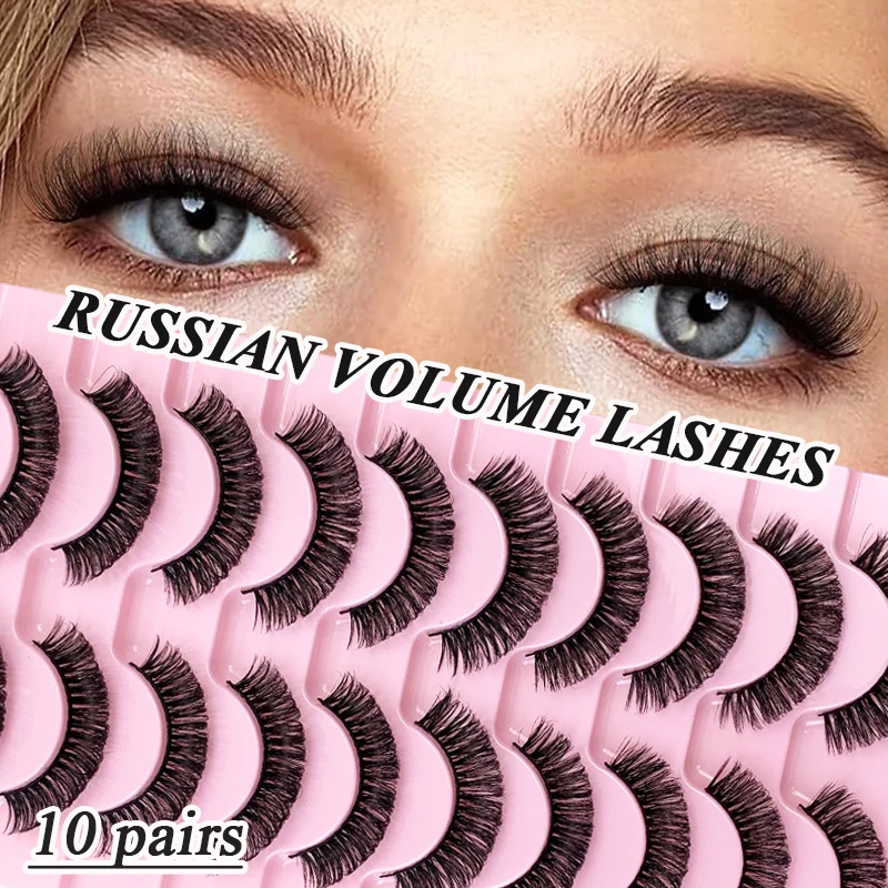 Russian Strip Lashes Fluffy Mink 10 Pairs 3D Russian Volume Handmade Fake Eyelashes Extensions Wispy Lashes Makeup Cilios